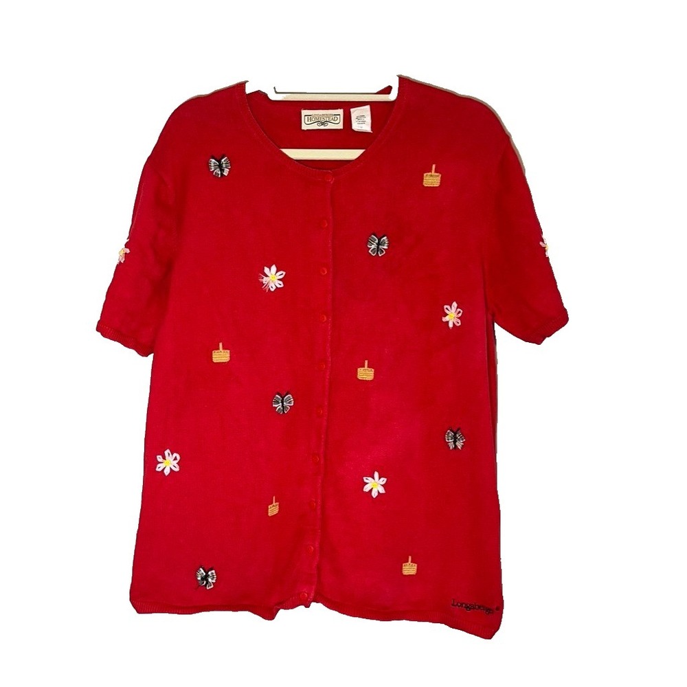 Vintage Knit Cardigan Longaberger Homestea Sweater Red Embroidery‎ Basket Floral